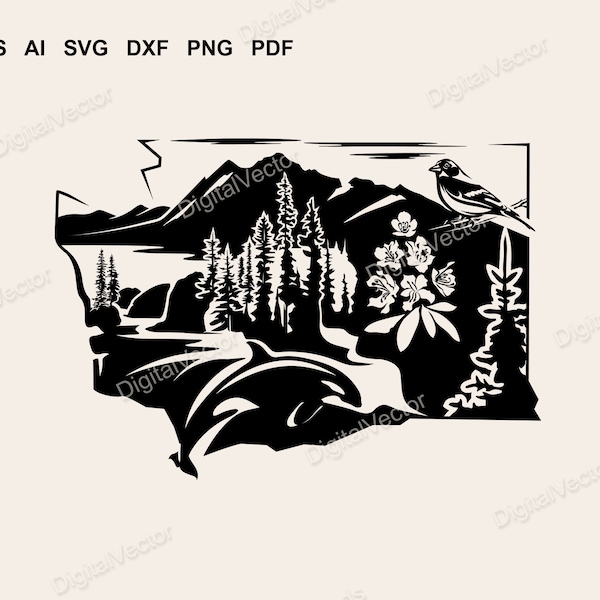 Washington State Svg, The Evergreen State Svg, Pacific Northwest, Goldfinch Bird, Coast Rhododendron Flowers, SVG Scalable Vector Graphics