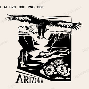 Arizona Silhouette Svg, Estado del Gran Cañón, Flor de flor de cactus Saguaro, Águila dorada, Diseño de sublimación, Gráficos vectoriales escalables SVG