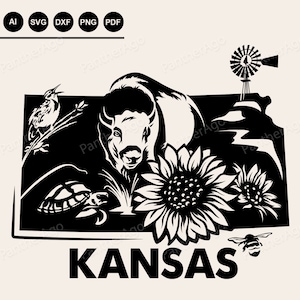 Kansas Karte SVG Silhouette, Sunflower State, American Buffalo, Western Meadowlark, Vinyl Aufkleber, SVG Print, digitaler Download