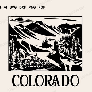 Colorado Svg, silueta colorida de Colorado, estado centenario, borrego cimarrón, Rocky Mountain Columbine, gráficos vectoriales escalables SVG