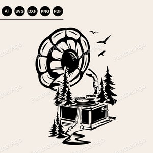 Vintage Platenspeler Silhouet Ontwerp Svg, Waterval Bos, Natuur Geïnspireerd Vinyl Decal, SVG Schaalbare Vector Graphics