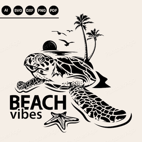 Sea Turtle Svg, Beach Vibes Svg, Silhouette Design, Palm Tree, Sublimation Design, SVG, Scalable Vector Graphics