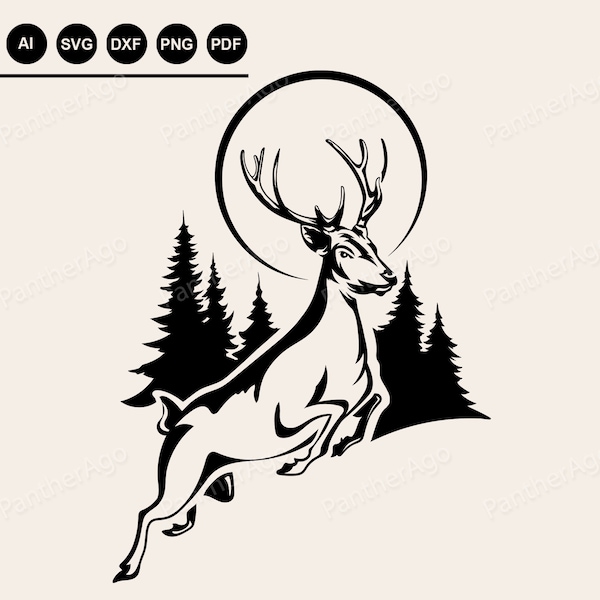 Leaping Deer Silhouette Svg, Jumping Deer, Deer in Forest, Cricut Design, Vinyl Decal, Deer Hunting, Wildlife, Vector Design