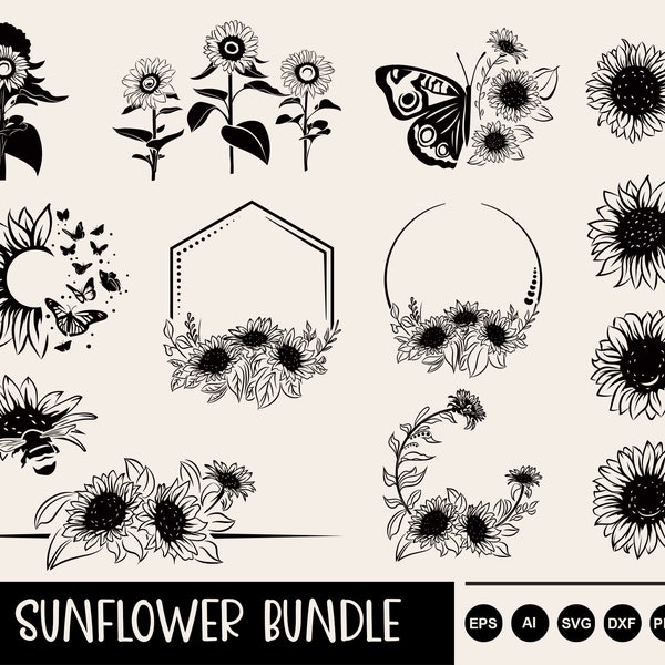 Sunflower SVG Bundle, Sunflower Frame, Monogram, Sublimation Design, Vector Design, Cricut Files, Svg Scalable Vector Graphics