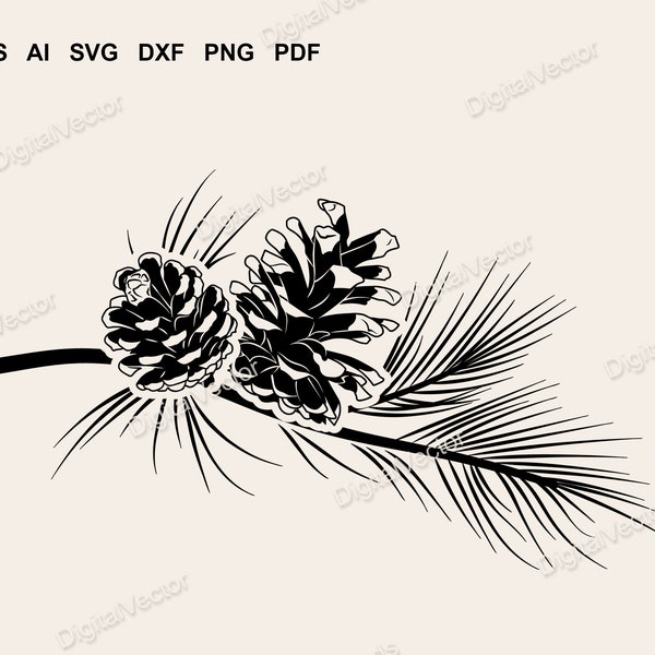 Pine Cones and Branch Silhouette Design, Christmas Decal, Pine Tree SVG, Scalable Vector Graphics