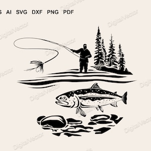 Fisherman, Fly Fishing Art, Leaping Trout, Silhouette Design