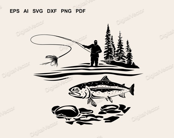 Fly Fishing Silhouette Vector Design, Trout, Mountain river, SVG, Scalable  Vector Graphics Design