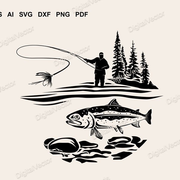 Fliegenfischen Silhouette Vektor Design, Forelle, Bergfluss, SVG, Skalierbares Vektorgrafik Design