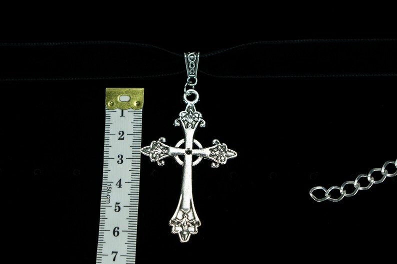 Size Silver Gothic Cross Small 30cm+ Black Velvet Choker
