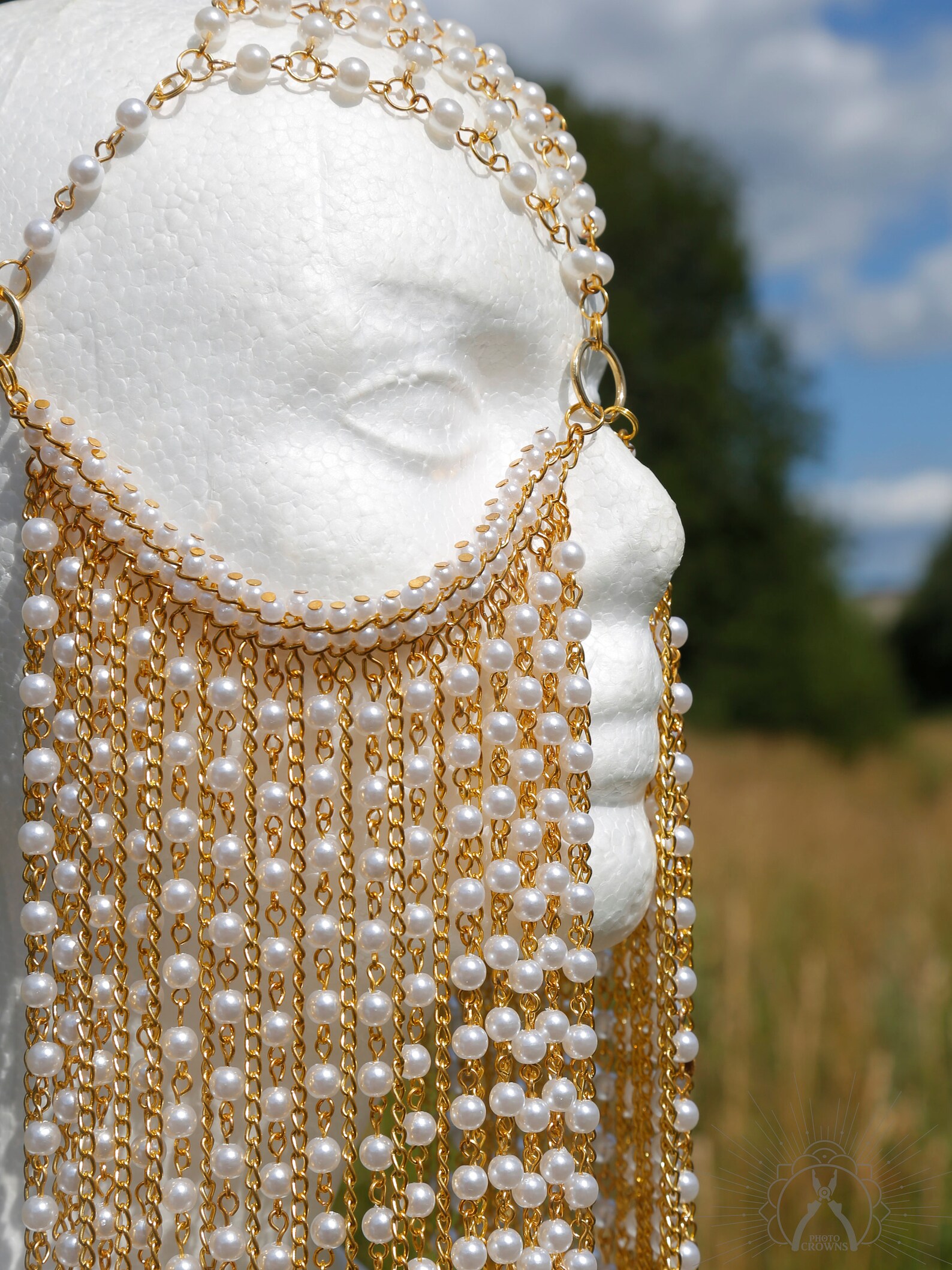 Golden face chain veil with pearls Chain full face mask Etsy