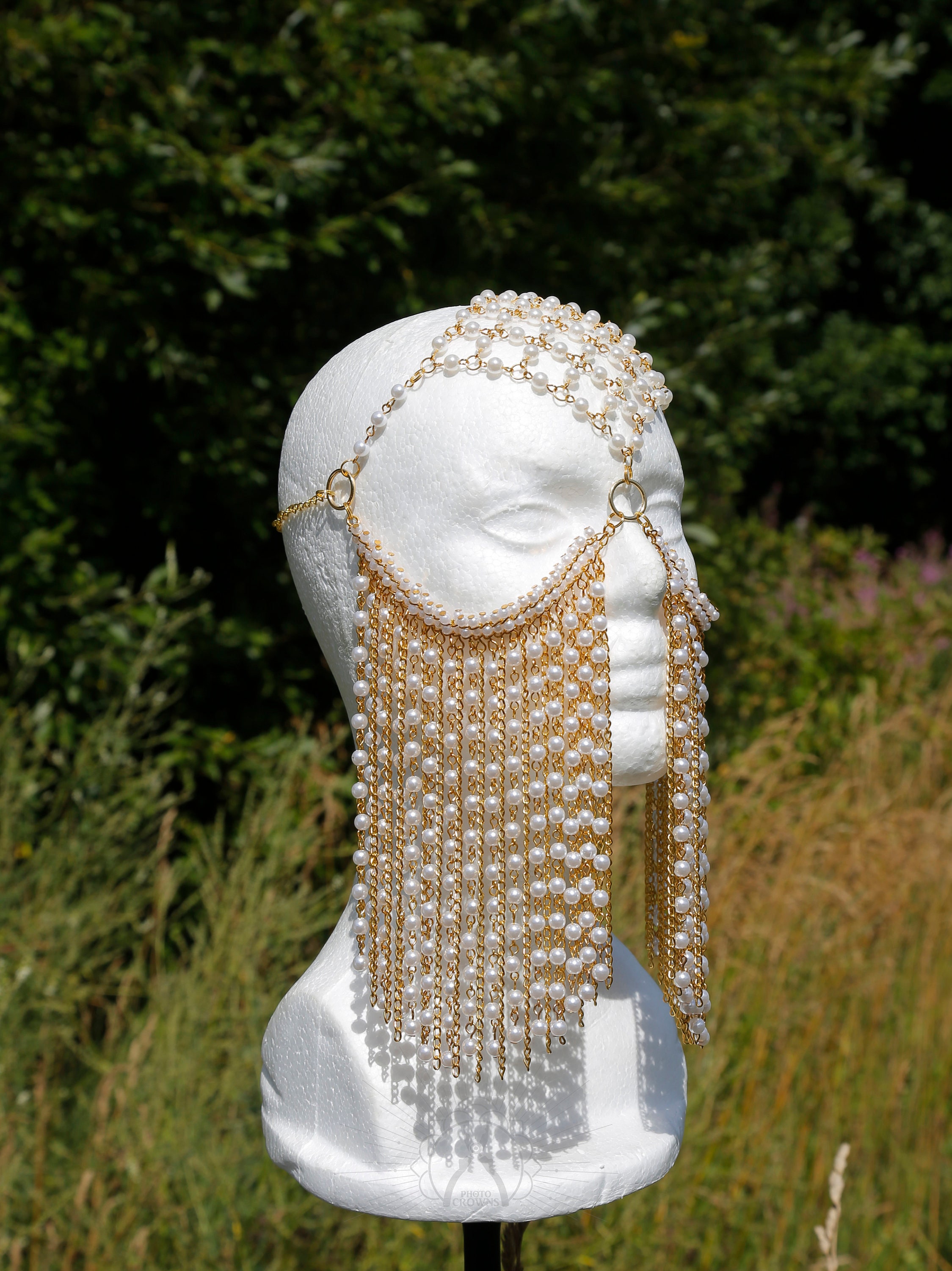 Golden face chain veil with pearls Chain full face mask Etsy