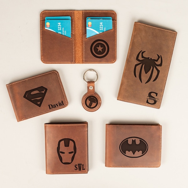 Super Hero Inspired Personalized Leather Wallet Men, Engraved Super Hero Gift for Men Boys, Anniversary Gift for Boyfriend, Gift for Dad