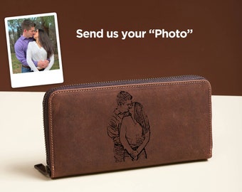 Personalized Leather Women Wallet, Christmas Gift for Mom, Woman Wallet with Photo, Monogrammed Zipper Wallet, Engraved Best friend Gift