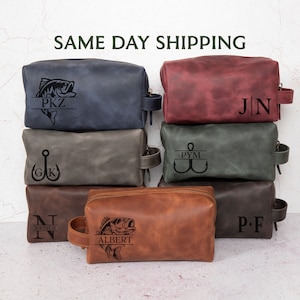Personalized Fishing Gifts Men, Leather Dopp Kit Bag for Fisherman Hunter, Unique Fathers Day Gift Fisherman, Best Gift Husband Son Dad