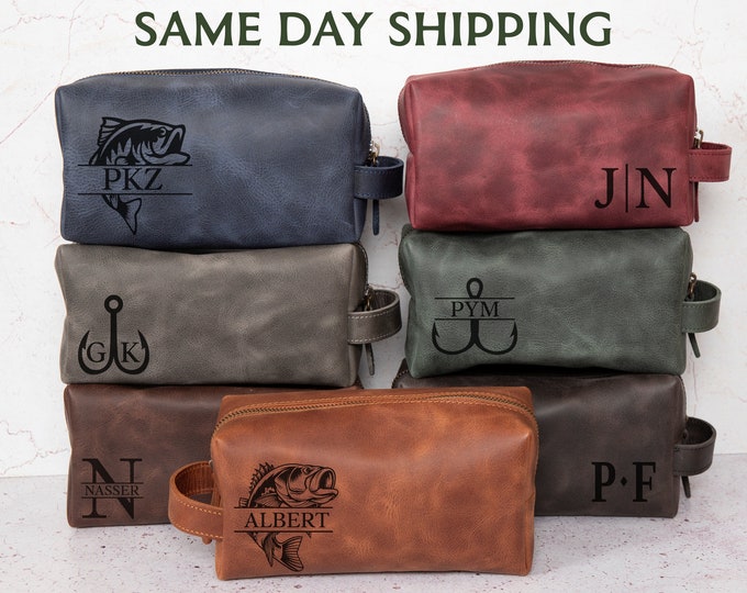 Personalized Fishing Gift Men, Leather Dopp Kit Bag for Fisherman Hunter, Unique Fathers Day Gift Fisherman, Gift for Husband Son Dad Father