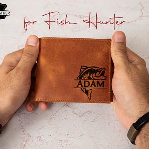 Cartera de cuero para hombre, Cartera de pescador para papá, Regalo personalizado para cazador de peces, Cartera de cuero personalizada, Regalo único para pescadores, Regalos para el Día del Padre