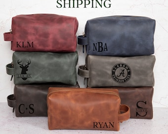 Personalized Valentines Day Gift for Him, Leather Dopp Kit Bag, Engraved Toiletry Bag Men, Monogram Travel Bag, 10 Year Anniversary Gifts