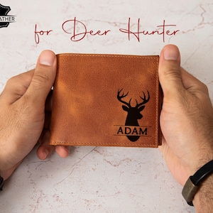 Cartera de cuero para hombre, regalo de Navidad de cazador de ciervos, cartera de ciervo personalizada, cartera de cuero personalizada para él, regalo único para amantes de la vida al aire libre