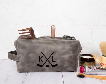 Personalized Leather Toiletry Bag Men's for Hockey Players, Custom Leather Dopp Kits for Hockey Teams, Christmas Gift Him Dad Father Boy
