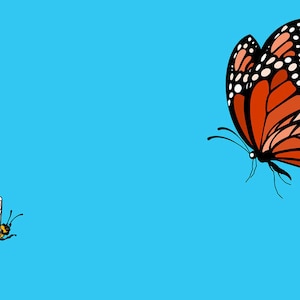 Op de afbeelding: Digitale illustratie van een monarchvlinder met oranje, zwarte en witte markeringen en een bij met gele en zwarte strepen, tegen een helderblauwe achtergrond. De vlinder is in vlucht.