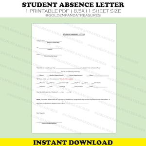 Carta de ausencia del estudiante imprimible, nota de enfermedad, carta de ausencia, nota escolar, nota de excusa, nota al maestro