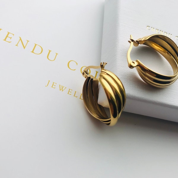 Triple Twist Hoop Earrings, Three layer Hoops Earrings, 18k Gold Plated Earrings