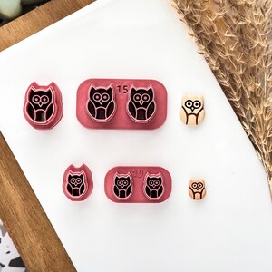 May include: A selection of owl-shaped cookie cutters and decorative owl-shaped objects. The cutters are pink with black owl designs, some with the number 15 or 10. Two small wooden owl figures are also present. The items are arranged on a white surface.