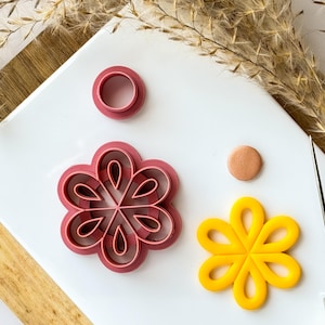 May include: A set of pink and yellow flower-shaped cookie cutters, a small pink circle cutter, and a small copper-coloured circle. The cutters are on a white surface with a wooden background.