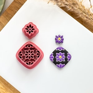 Square Clay Earring Cutter Set, two piece floral design clay cutter set for making statement earrings from polymer clay