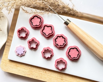 Flower Bezel Cutter Set, 8 pieces - 4 flowers and 4 inlay cutters for polymer clay and silver clay, various sizes, UK made