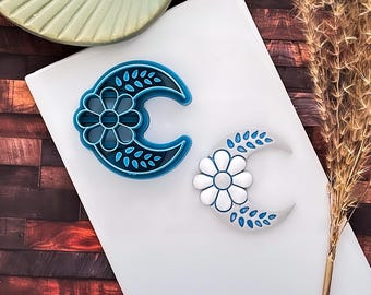 Floral Crescent Moon Cutter, Boho Celestial Polymer Clay Cutter, Various Sizes