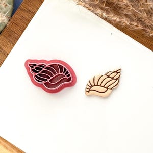 May include: A seashell-shaped cookie cutter with a pink outline and a seashell-shaped cookie. The cookie cutter is made of pink plastic, and the cookie is light brown with dark brown lines.