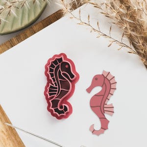 May include: Two seahorse-shaped objects. One is a dark red, detailed outline, and the other is a lighter red, flat design. The seahorses are on a white surface, with dried plants and a wooden board in the background.