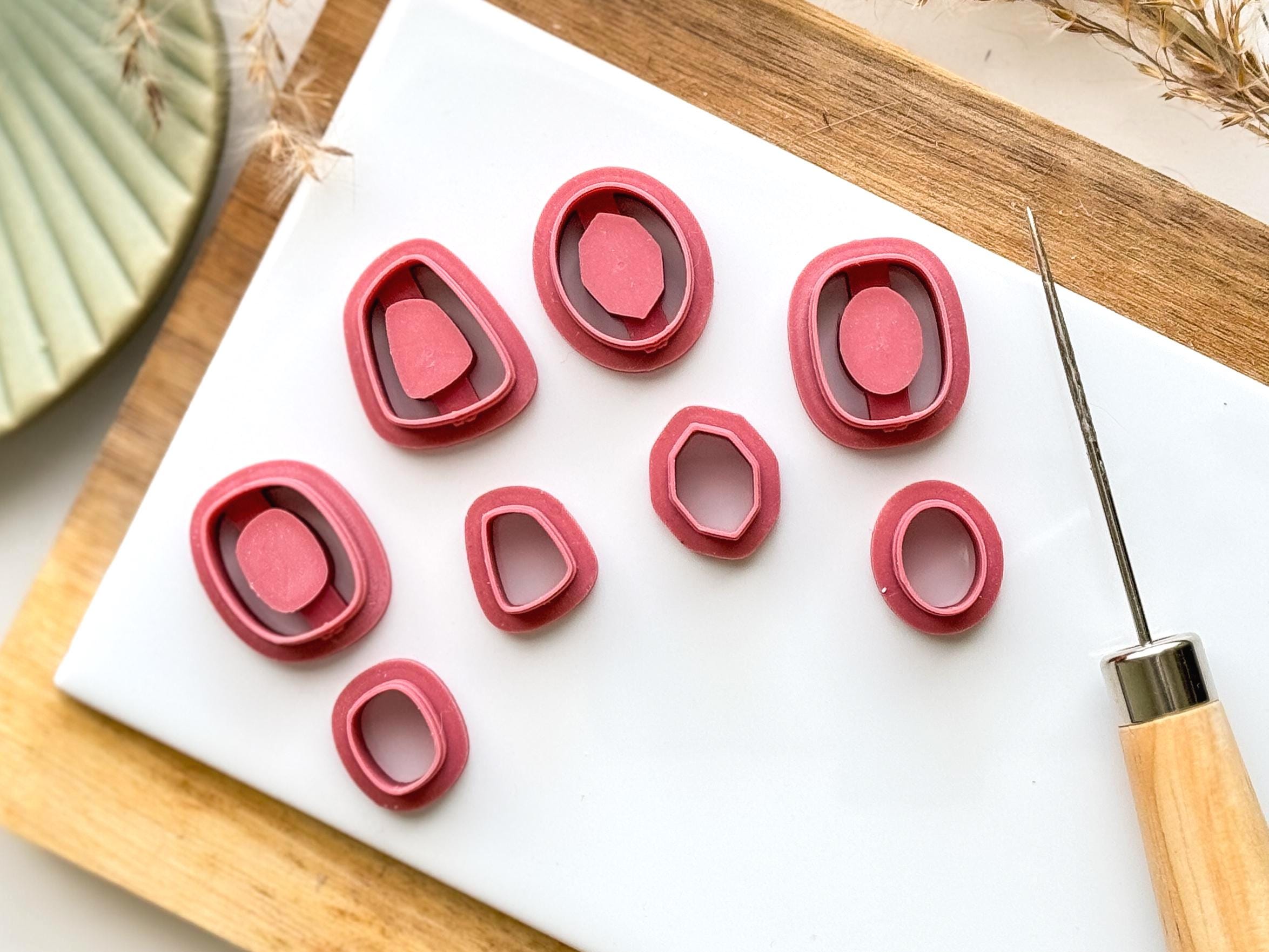 Organic bezel clay cutter set, 8 piece clay set, 4 shapes and 4 inlay cutters for gemstone effect polymer clay projects. UK Made!