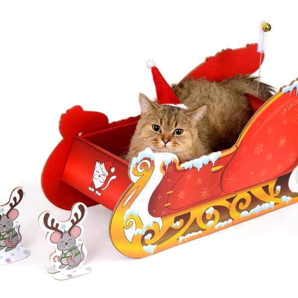 LA LA CAT Santa Sleigh Cat Scratcher with Santa Hat | Cute Christmas Cat Scratcher with Grooming Brush and Bell | Holiday Cat Furniture