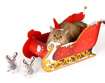 LA LA CAT Santa Sleigh Cat Scratcher with Santa Hat | Cute Christmas Cat Scratcher with Grooming Brush and Bell | Holiday Cat Furniture