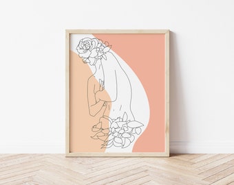 Arte de pared imprimible boho / mujer / flores / minimalista