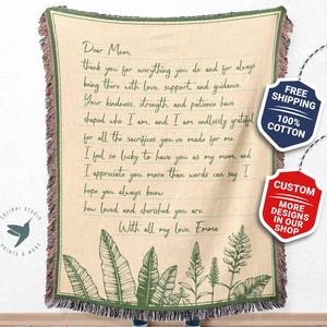 Botanical Love Letter Blanket, Custom Mothers Day Woven Blanket, Personalized Gift for Mom or Dad, Handwriting Throw, Book Lover Decor