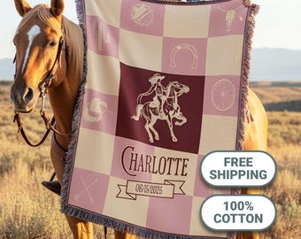 Personalized Cowgirl Baby Blanket: Woven Cotton Western Nursery Throw