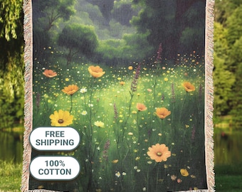 Wildflower Forest Woven Blanket: 100% Cotton Nature Art Throw