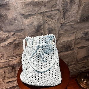 Summer Beach Bag  Crocheted Shoulder Bag Crochet Gift Idea DrawString Bag Summer Bag Beach Bag Market Bag Made in Canada Light Blue Colour