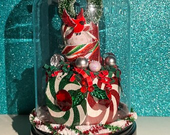 Christmas Cloche, Candy Cane Decor, Christmas Tabletop decor, Christmas snow globe, Children Christmas gift