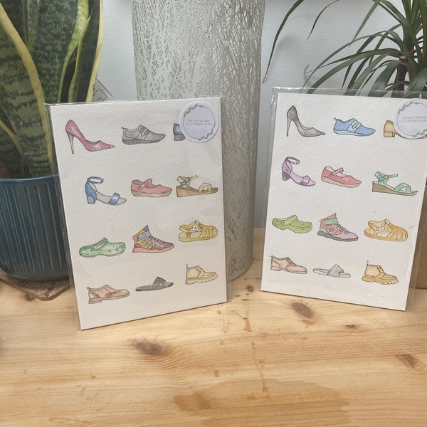 Original A5 watercolour painting - Shoes - stiletto heels crocs jelly shoes sandals  boots trainers wedges