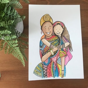 Ilustración personalizada en acuarela pintada a mano a partir de una foto. Arte mural personalizado por encargo. Retrato familiar, dibujo animado, idea para regalo.