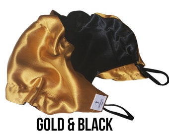 Gold & Black Adjustable and  Reversible Beard Bonnet, Beard Rag, Beard Guard. Handmade