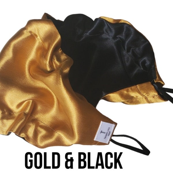 Gold & Black Adjustable and  Reversible Beard Bonnet, Beard Rag, Beard Guard. Handmade