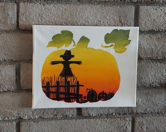 Original Scarecrow Pumpkin Patch Acrylic Painting, Fall Wall Decor