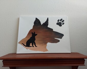 Dog Silhouette, original acrylic artwork, painting for dog lover, dog wall decor, dog art, German Shephard artwork