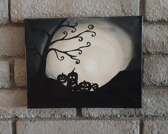 Spooky Night, original acrylic artwork, pumpkin decor, silhouette painting, halloween wall decor,  Halloween canvas art