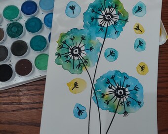 Handmade Watercolor Dandelion Greeting Card, Any Day Card